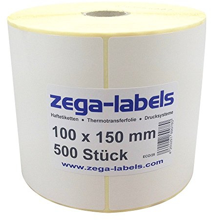 zega-labels Thermo Etiketten - 100 x 150 mm - 500 Stück je Rolle - Kern Ø 25 mm - Versandetiketten stark haftend - mit Perforation - Druckverfahren: Thermodirekt (Verwendung ohne Farbband)
