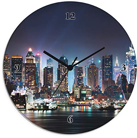 ARTLAND Wanddeko Wanduhr ohne Tickgeräusche Glas Quarzuhr Ø 30 cm Rund Lautlos New York City Times Square Städte USA Amerika Modern T5WT
