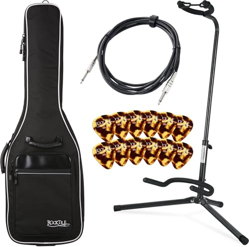 Rocktile E-Gitarren Zubehörset inklusive Gigbag Gitarrentasche gepolstert für 4/4 Gitarre Gitarrenständer Plektren und Instrumentenkabel