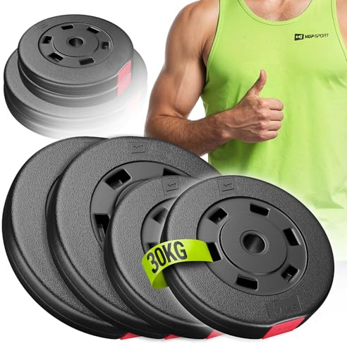 HOP-SPORT® Disques de Poids en Plastique 30 kg, alésage 31 mm, pour Barre d'haltères 30 mm, Poids 30 kg, Disques d'haltères Entraînement Haltérophilie et Musculation (2 x 5 kg + 2 x 10 kg), Noir