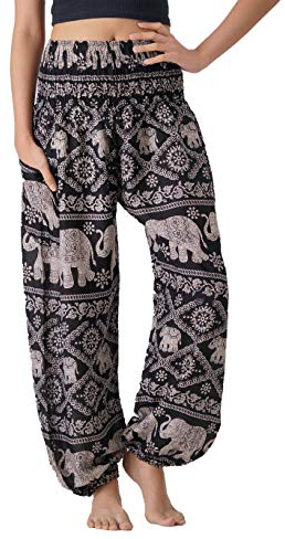 B BANGKOK PANTS Harem Pants Women Hippie Clothes Boho Pants with Pocket (Black Elephant, One Size)
