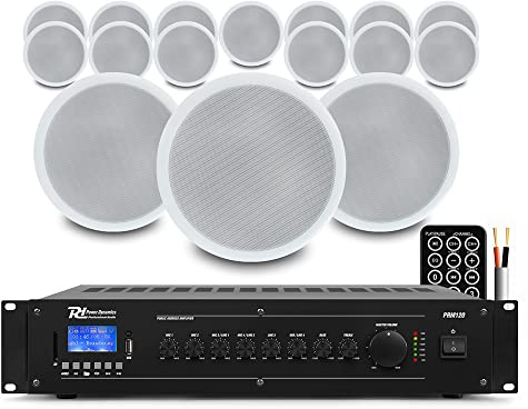 Power Dynamics CSPB5 100V Ceiling Speaker System Kit with PRM120 Mixer Amplifier & Speaker Cable - Full Commercial Audio Setup for Retail, Office, Restaurants, Bars & Homes