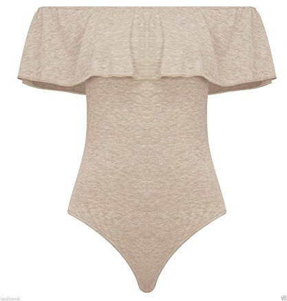 Hot-fashion Damen Bardot Schulterfrei, ärmellos, Rüschen-Body, 36-40 (Nude, UK12)