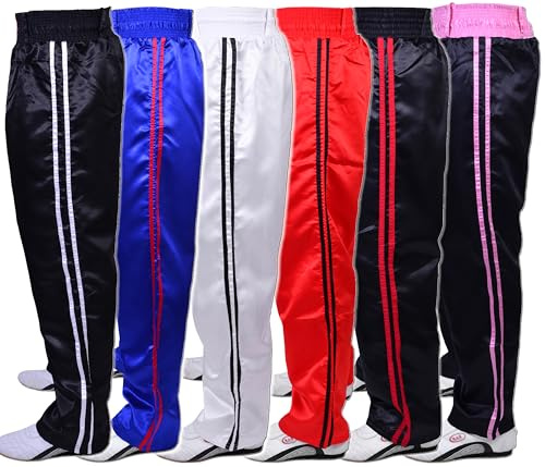 MAR | Black Full Contact Trouser Tracksuit Bottoms, Boxing, Thai, Fitness, Kickboxing & Karate Pants, 8oz Polyester Satin Fabric with Striped Design, Elasticated Drawstring Waistband Pants (5/180)