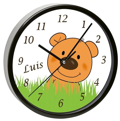 CreaDesign, Wanduhr Kinder personalisiert mit Name, Motiv Teddy Bär-Graß, Rahmen Wanduhr schwarz, Ø 19,5 cm