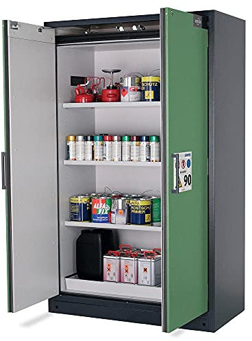 Gefahrstoffschrank, BxTxH 1200x615x1955 mm, 3 Böde n, 1 Auffangwanne mit Lochblecheinsatz, inkl. AGT