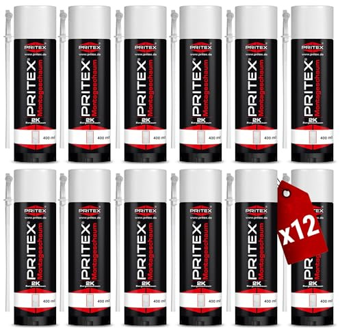 PRITEX – 2K Montageschaum 12 x 400 ml inkl. Aussprührohr – Bauschaum zum Verfüllen, Dämmen & Abdichten – Zargenschaum zur Montage von Türzargen, Fensterrahmen & Holztürfuttern