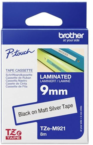 Brother Original P-touch Schriftband TZe-M921 9 mm, schwarz auf silber-metallic (matt) (u.a. für Brother P-touch PT-H100LB/R, -H105, -E100/VP, -D200/BW/VP, -D210/VP) laminiert