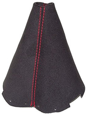 Schaltsack, schwarzes Wildleder, rote Nähte.
