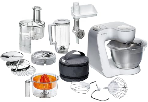 Bosch Küchenmaschine Serie 4, Schüssel 3,9 L, Mixer 1,25 L, Fleischwolf, Zitruspresse, Würfelschneider, Knethaken, Schlag-, Rührbesen, Durchlaufschnitzler, 3 Scheiben, 900 W, Weiß, MUM54251