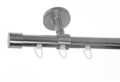BASIT Gardinenstange Innenlauf Edelstahllook 20mm 1-läufig Decke 120cm D30 | Gardinenstangenset einläufig Deckenmontage Metall Vorhangstange Deckenhalterung 120-600cm wählbar Kappe E30