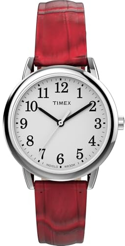 Timex Women's Easy Reader 30mm Watch – Silver-Tone Case White Dial with Red Croco Pattern Leather Strap