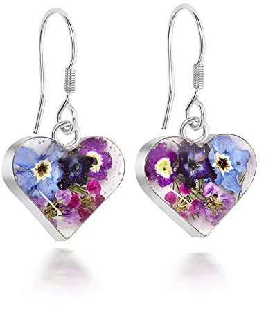 Sterling Silver Heart Drop Earrings Made With Real Flowers Purple Mix …