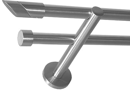 BASIT Gardinenstange Edelstahllook 16mm 2-läufig Wand 180cm lang H22 | Gardinenstangenset doppelläufig Wandmontage Metall Vorhangstange Wandhalterung 120-600cm wählbar Kappe Schräge E13