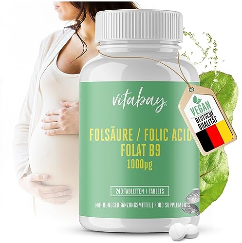 Ácido Fólico Vitabay, 1000 Mcg (240 Tabletas) • Pastillas Ácido Fólico para la salud • Apoyo del sistema inmune • Vitamina prenatal y durante el embarazo • Calidad alemana