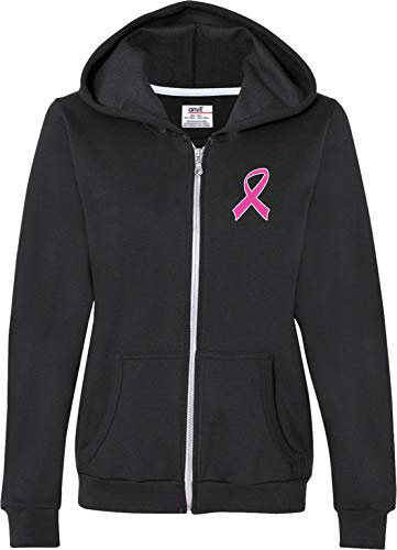 Buy Cool Shirts Ladies Pink Ribbon Heart Ribbon Black Full Zip Hoodie (Front & Back) Large