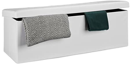 Relaxdays Faltbare Sitzbank XXL, Sitzcube mit Stauraum, Sitzwürfel aus Leinen, mit Deckel, HBT 38 x 114 x 38 cm, weiß