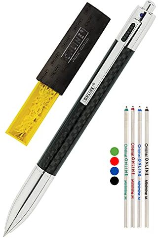 Online 4-Farb-Kugelschreiber in Carbon Design, inkl. Ersatzminen, Drehmechanik, Multifunktionsstift aus Metall mit vier D1 Kugelschreiber-Minen, in Geschenkbox