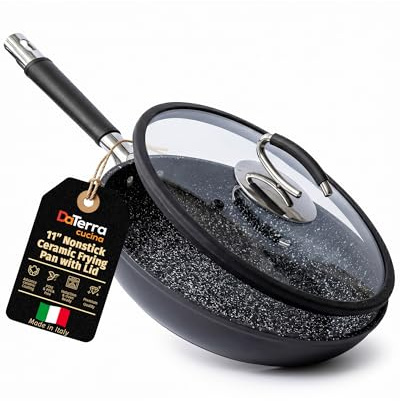 DaTerra Cucina 11 tum non-stick keramisk stekpanna med lock – ugns- och induktionssäker, hög värmebeständig non-stick köksredskap, diskmaskinssäker, hållbar och snygg – vulkanisk svart fläckig