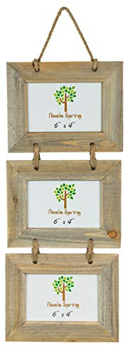 Nicola Spring Hanging 3-Photo Frame - Fits Photo Size 6 x 4 (15 x 10cm) - Pack of 1 - Rustic Natural Wooden Picture Frame Wall Mounted Landscape Orientation Rope Hanging Certificate Poster