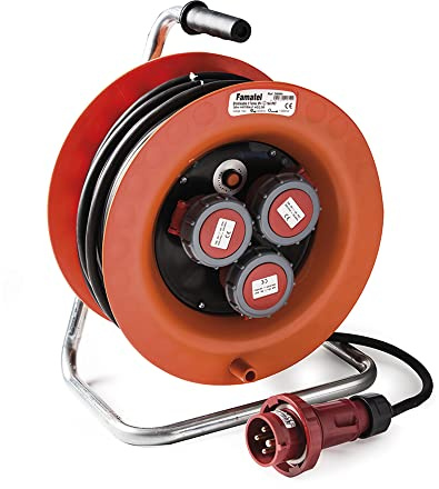 FAMATEL – Enrollacable IP67 3 tomas | Industrial | 3P+T | 16A | 380V | Clavija industrial 3P+T 16A - 380V | Cable neopreno | 4 x 2,5 | Disyuntor