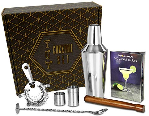 bar@drinkstuff Manhattan Cocktail Shaker Set with Recipe Book and Accessories