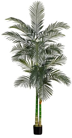 Nearly Natural 8FT Artificial Golden Cane Palm Tree, Fake Palm Tree with Two Realistic Trunks and Lifelike Palm Leaves, Faux Palm Plant for Indoor Home Décor with Black Nursery Planter