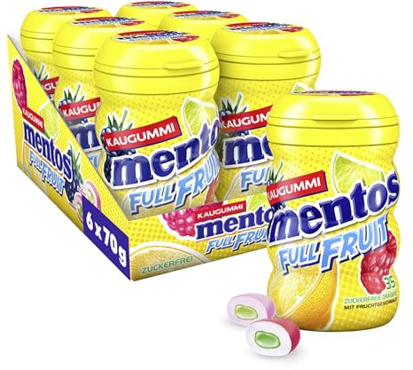 Mentos Kaugummi Full Fruit, 6 Boxen zuckerfreie Chewing Gum Dragees in drei Sorten mit Frucht-Geschmack & flüssiger Füllung, Multipack (6 x 35 Stück)
