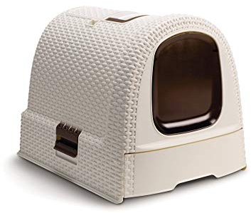 Curver petlife Katzentoilette mit Deckel, Katzenklo inklusive Schaufel, moderne Rattangeflecht-Optik, weiß, 51,5 x 38,5 x 40 cm