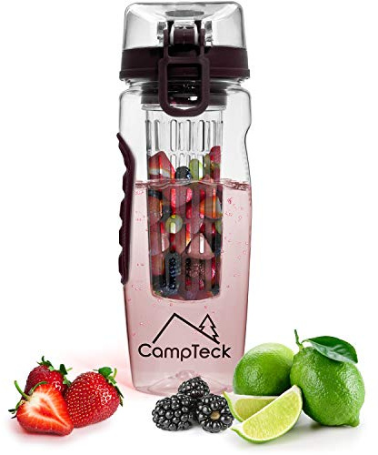 CampTeck 1 Litre 1000ml Fruit Infuser Water Bottle (BPA Free Tritan Plastic) with Leak Proof Lid + Lock & Carry Handle - Black