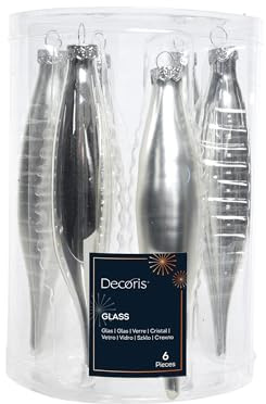 Christmas Decoration Christbaumschmuck Glas 15cm 6 Stück Set Eiszapfen Weihnachtskugeln - Silber