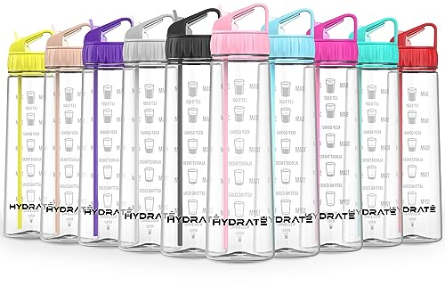 HYDRATE 900ml Water Bottle with Straw - BPA-Free, Leak-Proof Water Bottle with Time Markings, Flip Cap, Strong Material, Drop-Proof, Suitable for Gym, School, Office, Sports, Outdoor Use