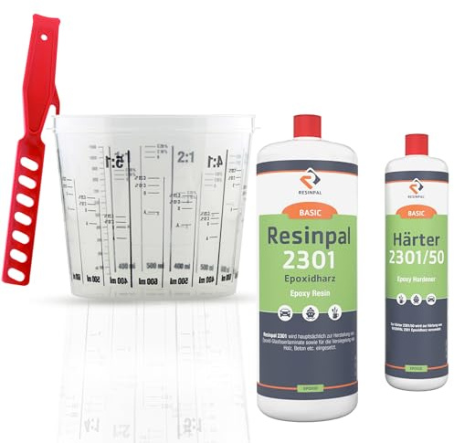 Epoxidharz Resinpal 2301 mit Härter + Mischbecher + Rührstab | 1,5 kg Epoxy Set | Transparent & Glasklar | Zum Laminieren & Gießen | Komplett für Anfänger & Profis | Kunstharz Made in Germany