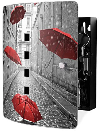 banjado Design Schlüsselkasten aus Edelstahl für 10 Schlüssel/Schlüsselschrank zur Schlüssel Aufbewahrung 24 x 21,5 x 7cm groß mit praktischem Magnetverschluss/Motiv Rote Schirme