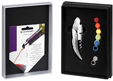 Le Creuset Set de regalo con sacacorchos sommelier de doble palanca, 5 hojas antigoteo, 6 marcadores de copas, GS142