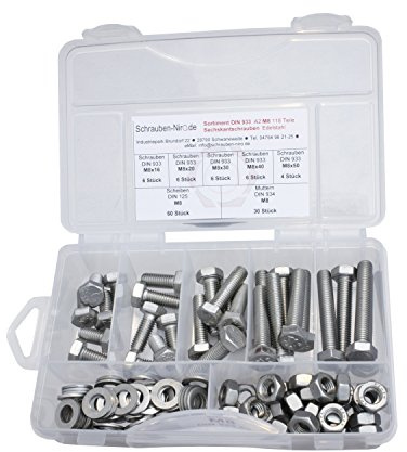 Sortiment Edelstahl V2A Schrauben DIN 933, Muttern sechskant DIN 934 und Scheiben DIN 125, Sechskantschrauben mit Gewinde bis Kopf M8 alles in A2, VA bzw. Nirosta, 118 Teile