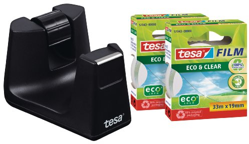 tesafilm Desk Dispenser for Adhesive Tape- Black includes 2 rolls of tesafilm Eco and Clear 33 m x 19 mm 53905-00000-01
