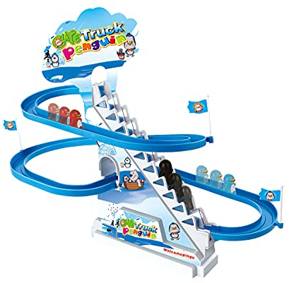 ARSUK Montaña Rusa Pingüino Juguete Escalera Tobogan Pista Juguete Establecer Juegos Divertidos con Luces LED Intermitentes y Música Juguetes para Niños Pequeños y Niños