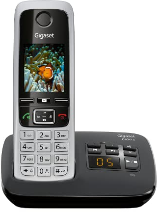 Gigaset C430A - Schnurloses DECT-Telefon mit Anrufbeantworter und Freisprechfunktion, klassisches Mobilteil mit TFT-Farbdisplay, schwarz-silber