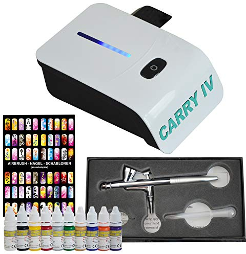 SET AEROGRAFO Carry IV-TC White Set con Colores y Plantillas para Uñas - COMPRESOR AEROGRAFO con Tecnología Sensor-Touch-Control para COLORES AEROGRAFO, Pistola Aerografo SINGLE ACTION UNIVERSAL