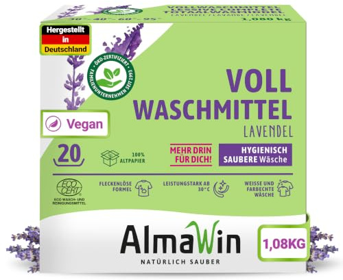 AlmaWin® Vollwaschmittel Pulver [1,08kg - 20 Ladungen] mit Lavendel-Duft für strahlende Reinheit - Waschmittel Pulver für alle weißen & farbechten Textilien [30-95°C] - Veganes Voll-Waschpulver