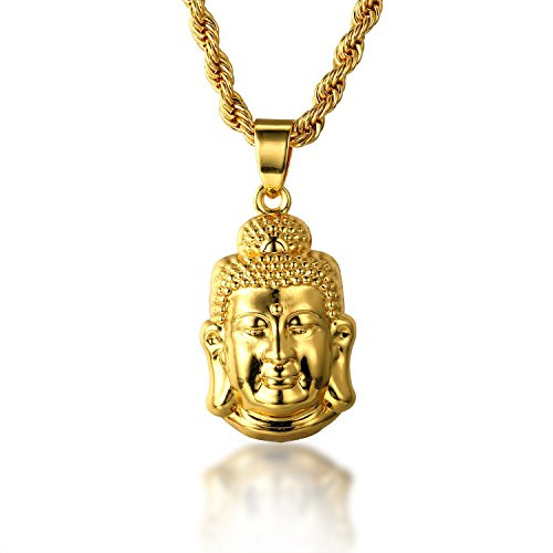 Halukakah ● Gold Segne Alle ● Goldkette Männer Herren 18 Karat Echtes Gold Buddha Kopf Anhänger Halskette Künstliche Diamanten Set mit Kostenlose Tenniskette/Seilkette