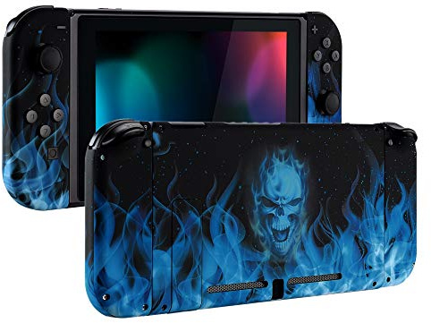 eXtremeRate Soft Touch Grip Back Plate for Nintendo Switch Console, NS Joy con Handheld Controller Housing with Full Set Buttons, DIY Replacement Shell for Nintendo Switch - Blue Flame Skull