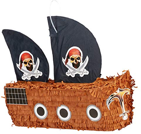 Relaxdays Pignatta a Forma di Nave dei Pirati, da Riempire, per Feste di Compleanno dei Bambini, da Appendere, in Carta, Grande, Colorata