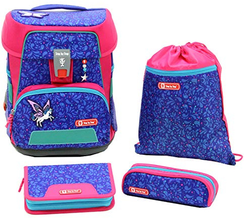Step by Step Schulranzen-Set e-Space „Sparkling Pegasus“ 5-teilig, lila, ergonomischer Tornister mit Brustgurt, elektronischem Hüftgurt, höhenverstellbar, ab der 1. Klasse, 20 Liter