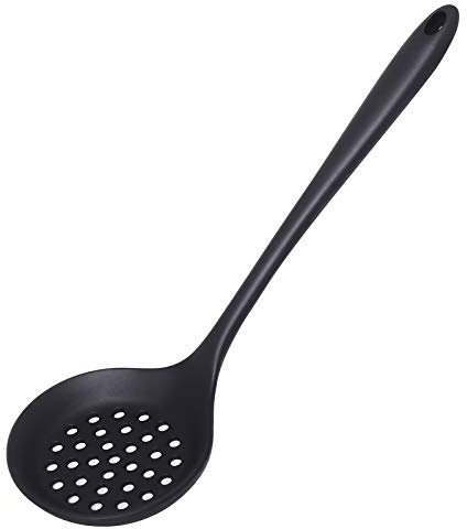 77L Slotted Spoon, Heatproof Skimmer Strainer Slotted Spoon, Seamless One-Piece Non-Stick Cooking Silicone Scoop Ladle with Ergonomic Handle for Filter Vegetable, Pasta and More (Black)