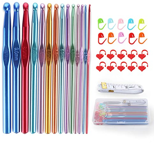ilauke Häkelnadel Set Metall 42 Stück Crochet Hooks 2mm-10mm zum Häkeln Garn,Bunte Crochet Nadeln aus Bunt Aluminium mit Stricken Werkzeuge Zubehör und Aufbewahrungsbox für Haushalt Stricken Handwerk