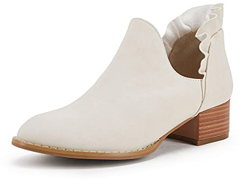 FISACE Womens Ruffled Ankle Boots V Cut Out Pointed Toe Chunky Low Heel Dressy Western Booties Beige