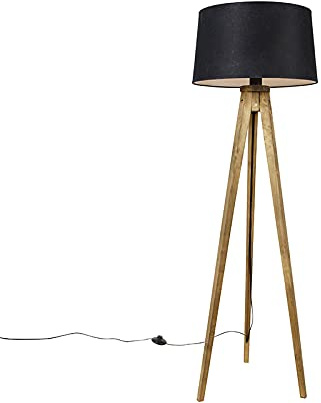 Qazqa rústico Trípode rústico madera vintage pantalla lino negro 45cm - TRIPOD Classic/Lino/Alargada Adecuado para LED Max. 1 x 60 Watt