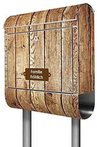 banjado® Briefkasten mit Standfuß personalisiert Motiv Geöltes Holz - Stand Briefkasten Edelstahl mit Zeitungsfach - Postbox/Postkasten A4 Einwurf inkl. Montagematerial & 2 Schlüssel